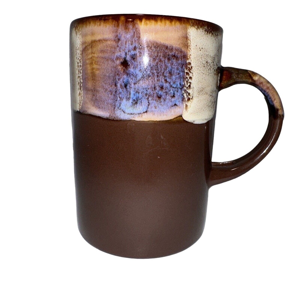 Coffee Mug Ceramic Two Tone Glazed Brown Cream Blue Unique Design